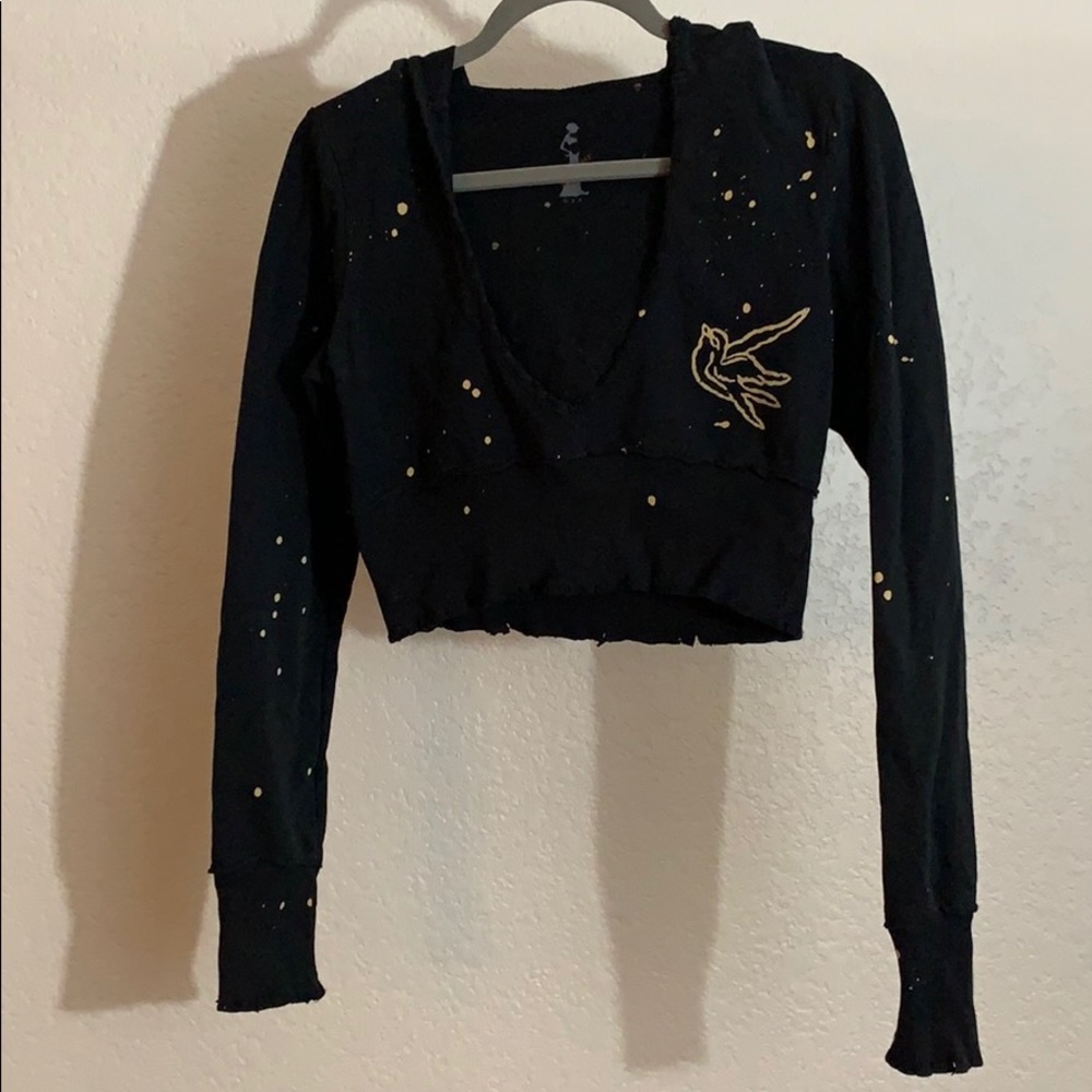 Women’s distressed, cropped hooded sweater